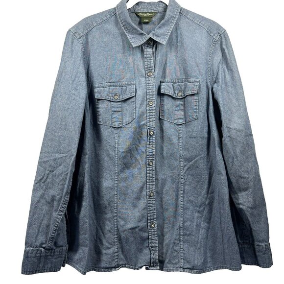 Eddie Bauer Tops - Eddie Bauer Womens Denim Blouse XL Blue Button Up Fitted 100% Cotton Long Sleeve